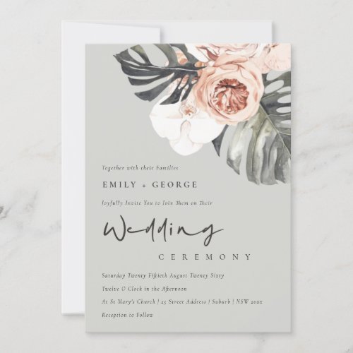 GREY RUST FLORAL MONSTRERA LEAF WEDDING INVITE