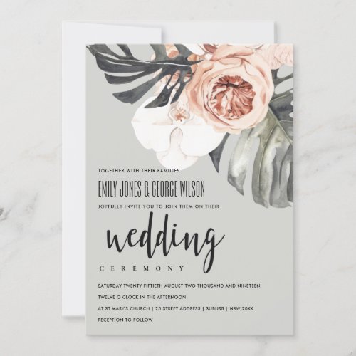 GREY RUST FLORAL MONSTRERA LEAF WEDDING INVITE