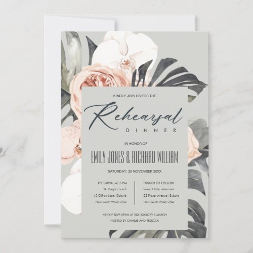 GREY RUST FLORAL MONSTRERA REHERSAL DINNER INVITE