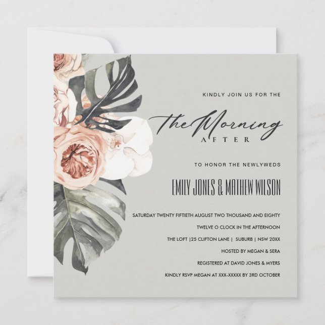GREY RUST MONSTERA FLORA THE MORNING AFTER WEDDING INVITATION (Front)