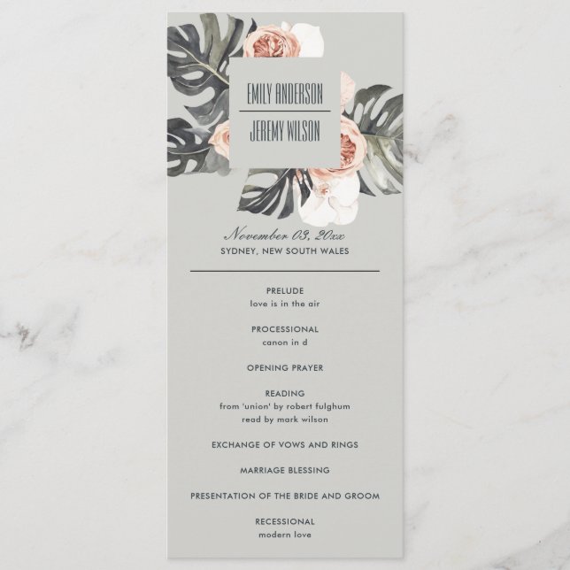 GREY RUST MONSTERA FLORAL WEDDING CEREMONY PROGRAM (Front)