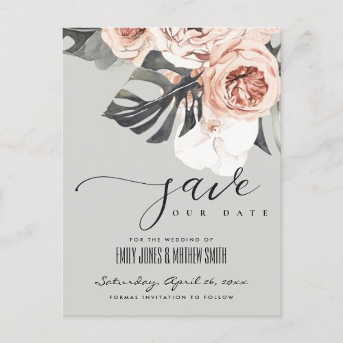 GREY RUST MONSTERA WATERCOLOR FLORAL SAVE THE DATE ANNOUNCEMENT POSTCARD