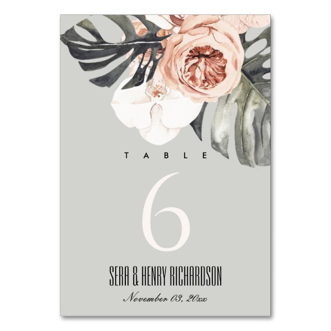 GREY RUST MONSTERA WATERCOLOR FLORAL WEDDING  TABLE NUMBER (Front)