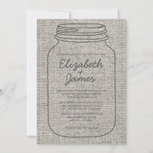 Grey Rustic Burlap Mason Jar Wedding Invitations