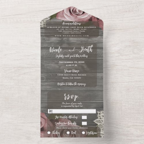 Grey Rustic Dusty Rose White Lace Wedding  RSVP  All In One Invitation