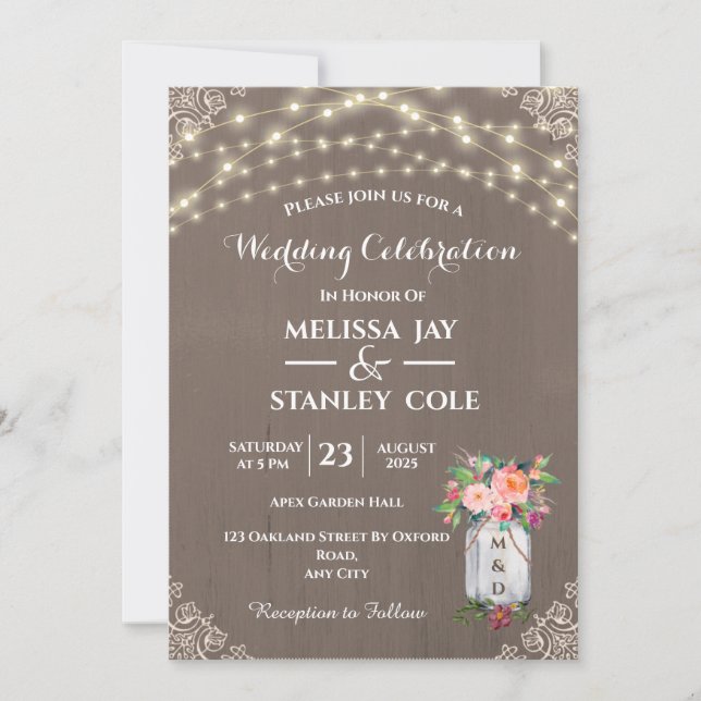 Grey Rustic Mason Jar Flower String Lights Wedding Invitation (Front)