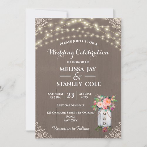 Grey Rustic Mason Jar Flower String Lights Wedding Invitation