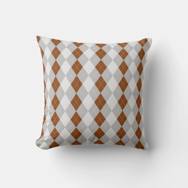 Grey & SADDLE BROWN Diamonds ARGYLE Pattern Throw Pillow (Front)