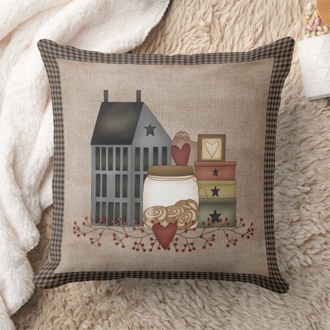 Grey Saltbox House - Primitive Country Throw Pillow (Blanket)