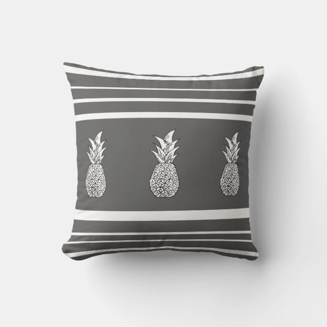 Grey Scale Pineapples and Stripes Pillow (Front)