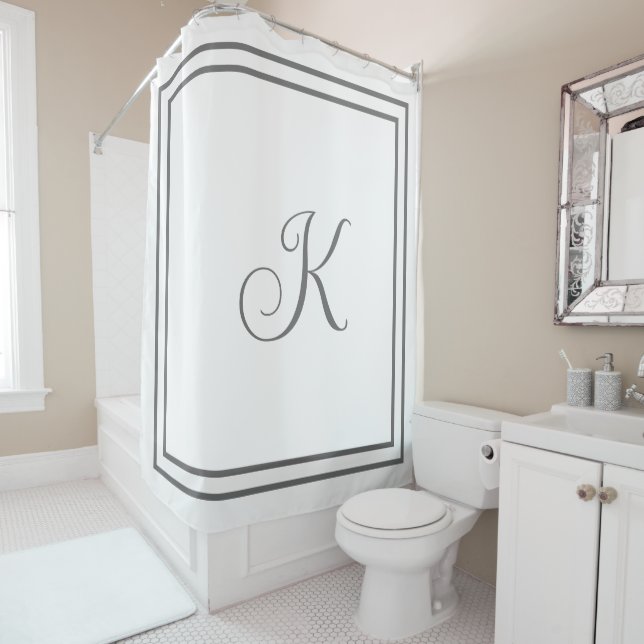 Grey Script Monogram Initials Gray Custom Name Shower Curtain (In Situ)