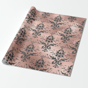 Grey Scroll Work Floral on Pink Wrapping Paper