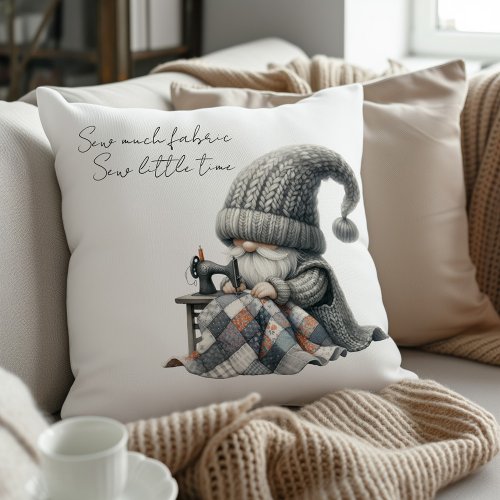 Grey Sewing Gnome  Throw Pillow