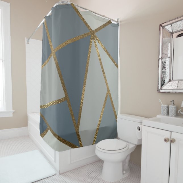 Grey Shades Neutral Gold Bronze Geometric Shower Curtain (In Situ)