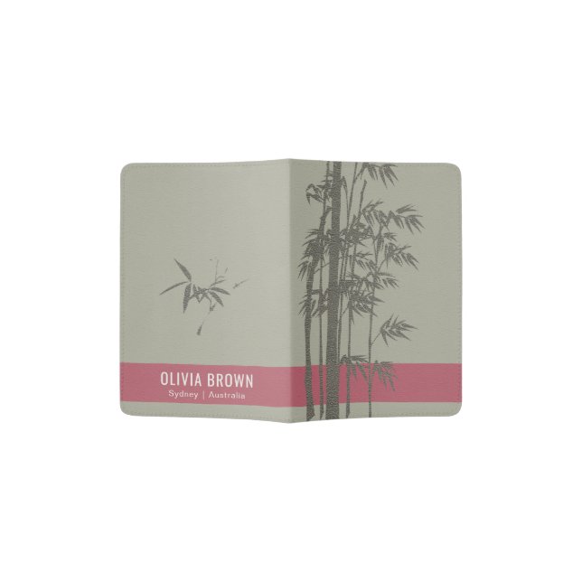 GREY SHADES PINK LEATHER  BAMBOO FOLIAGE MONOGRAM PASSPORT HOLDER (Opened)