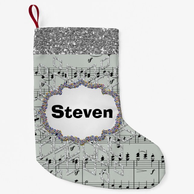 Grey Sheet Music Silver Snowflake Faux Glitter Small Christmas Stocking (Front)