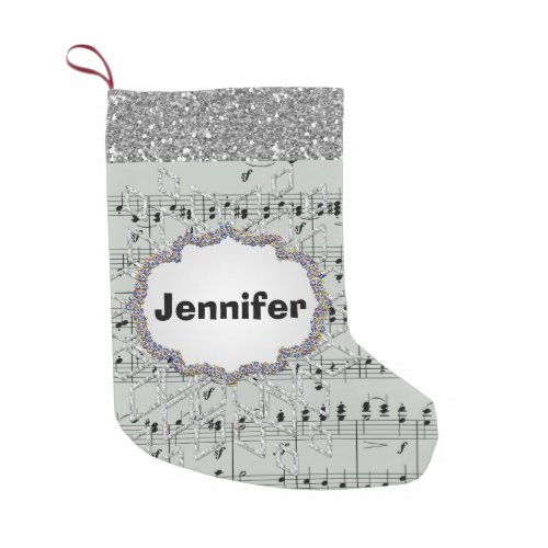 Grey Sheet Music Silver Snowflake Faux Glitter Small Christmas Stocking