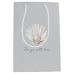 Grey Shell White Pearl Bridal Shower Medium Gift Bag