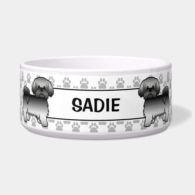 Grey Shih Tzu Cute Dog With Paws & Name Bowl (Front)
