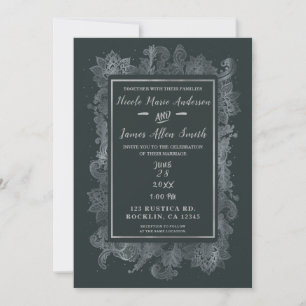 Grey & Shiny Silver Elegant Floral Wedding Invitation