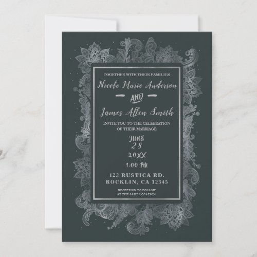 Grey  Shiny Silver Elegant Floral Wedding Invitation