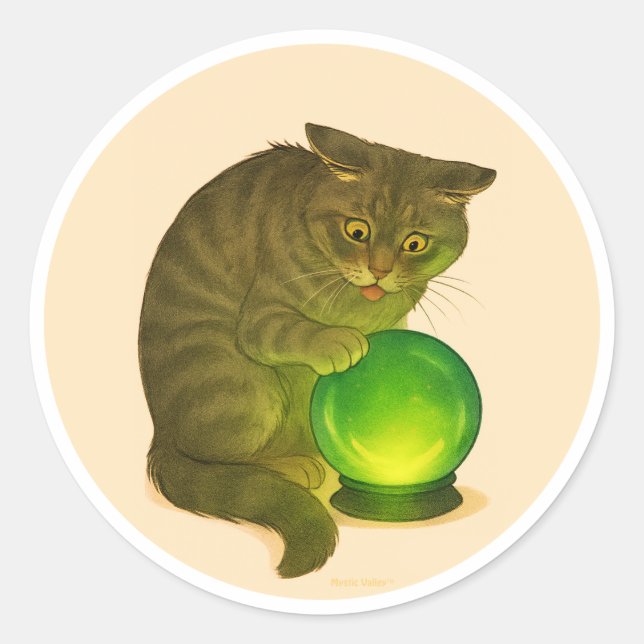 Grey Shorthair cat with green crystal ball Classic Round Sticker (Front)