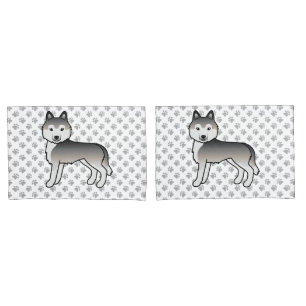 Grey Siberian Husky Cartoon Dog And Paws Pillow Case