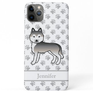 Grey Siberian Husky Cartoon Dog &amp; Name iPhone 11 Pro Max Case