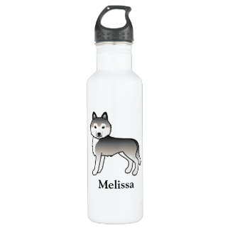 Grey Siberian Husky Cartoon Dog &amp; Name Stainless Steel Water Bottle