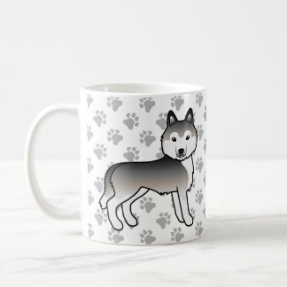 Grey Siberian Husky Cartoon Dog &amp; Paws Coffee Mug