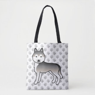 Grey Siberian Husky Cartoon Dog &amp; Paws Tote Bag