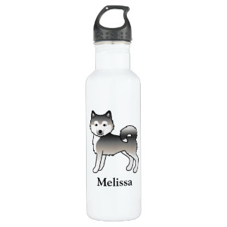 Grey Siberian Husky Cute Cartoon Dog &amp; Custom Name Stainless Steel Water Bottle