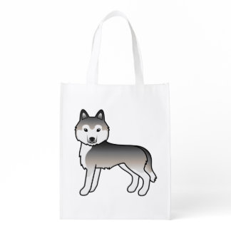 Grey Siberian Husky Cute Cartoon Dog Grocery Bag