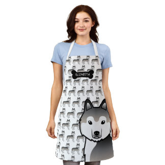 Grey Siberian Husky Cute Cartoon Dog &amp; Name Apron