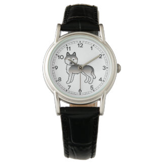 Grey Siberian Husky Cute Cartoon Dog Watch