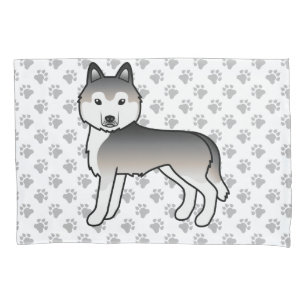 Grey Siberian Husky Cute Dog & Paws Pillow Case