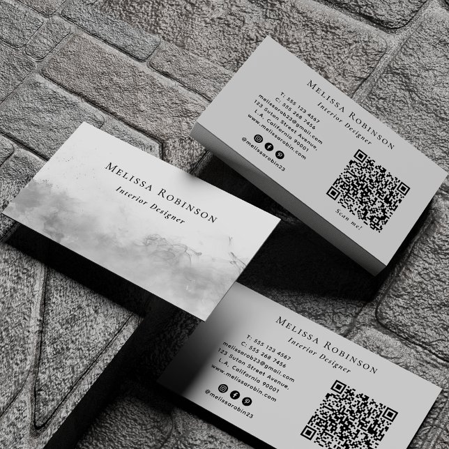 Grey Silver Abstract Smoke QR Code & Social Media Business Card (Creator Uploaded)