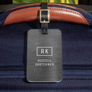 Grey Silver Brushed Metal Modern Monogram Luggage Luggage Tag