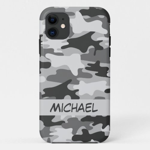 Grey Silver Camo Camouflage Personalized Name iPhone 11 Case