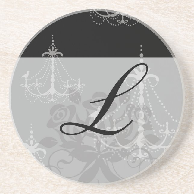 grey silver chandelier damask on black sandstone coaster (Front)