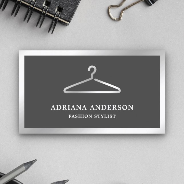 Grey Silver Clothes Hanger Fashion Stylist Business Card (Creator Uploaded)
