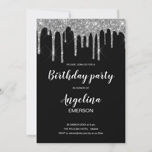 Grey Silver Drips Black Background Invitation