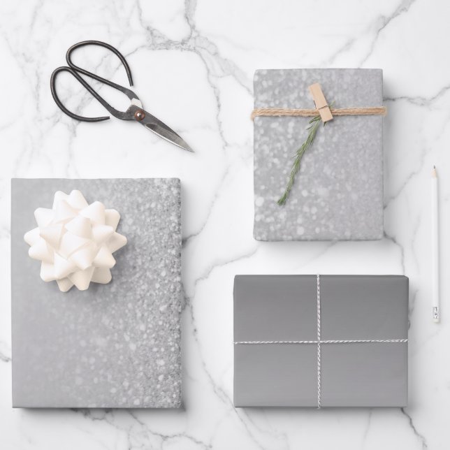 Grey Silver Faux Glitter Ombre Mix Wrapping Paper Sheets (Front)