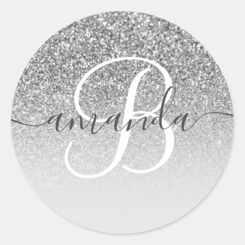 Grey Silver Glitter Ombre Monogrammed Classic Round Sticker