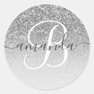 Grey Silver Glitter Ombre Monogrammed Classic Round Sticker