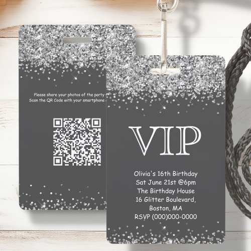 Grey  Silver Glitter  VIP Birthday Invitation Badge