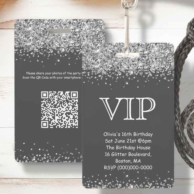 Grey & Silver Glitter | VIP Birthday Invitation Badge (Creator Uploaded)