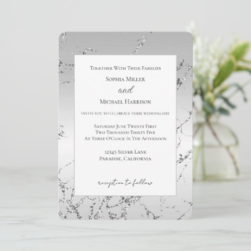 Grey Silver Glitzy Faux Glitter Wedding Invitation