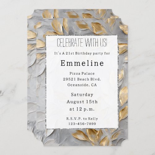 Grey Silver Gold Leaves Invitation