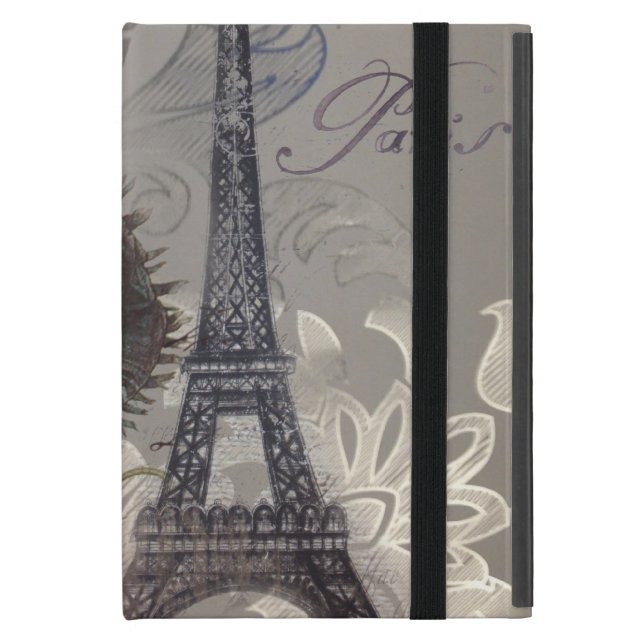 grey silver modern floral paris eiffel tower iPad mini cover (Front Closed)